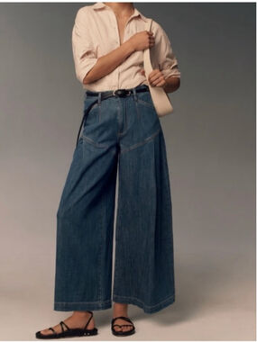 Anthropologie Wide-Leg Denim Jumpsuit Pants in Blue and Cream